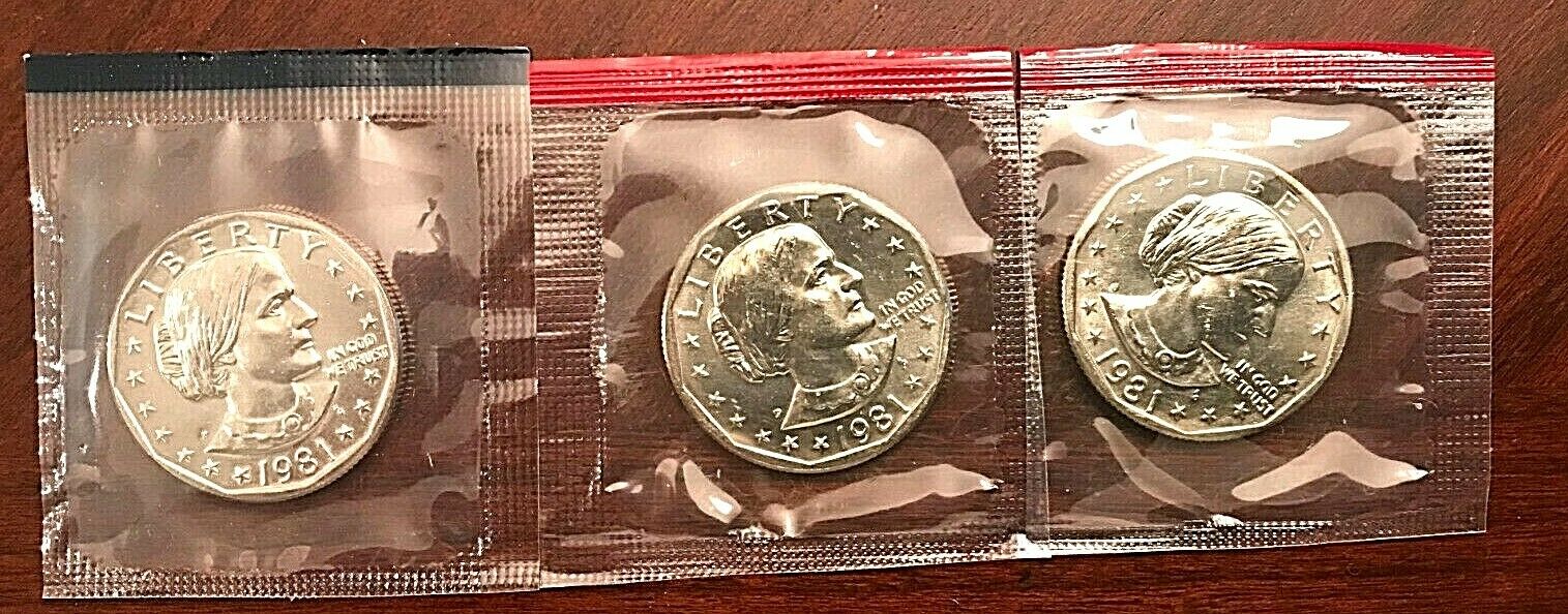 1981 P D & S  Susan B. Anthony Dollar  In Mint Cello (3 Coins)