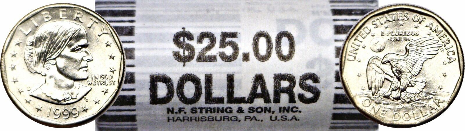 1999-d Bu $1 Susan B. Anthony Original $25 Face Bank Wrap Roll Stock Photo